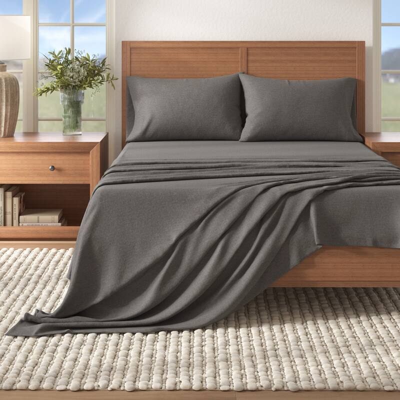 Linery & Co. Cotton Blend Double-Brushed Heathered Flannel Bed Sheet Set - Heathered Dark Grey - King