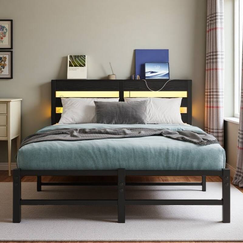 Queen Metal Platform Bed with RGB LED Headboard, USB Charging Ports, Storage Shelf & Underbed Space, No Box Spring Needed - Full Black - Full