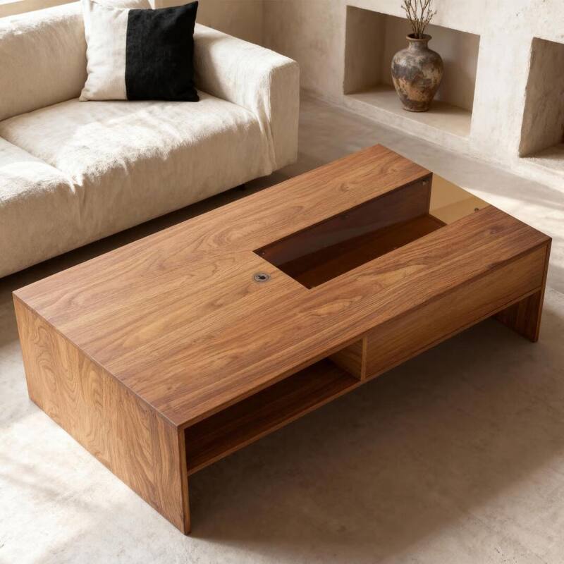 51.1" Wooden Coffee Table with LED Lights, Storage Shelves & Flip-Top - 51.1"Wx27.5"Dx15.8"H