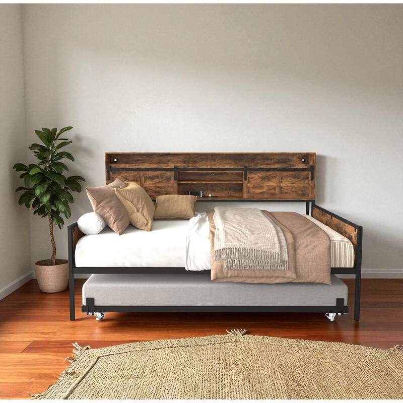 Twin Daybed with Trundle, Farmhouse Barn Door Headboard, Storage Shelf, Charging Station & LED Lights