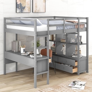 Full Size Loft Gray Bed with Desk, All-in-one Storage Frame Underneath