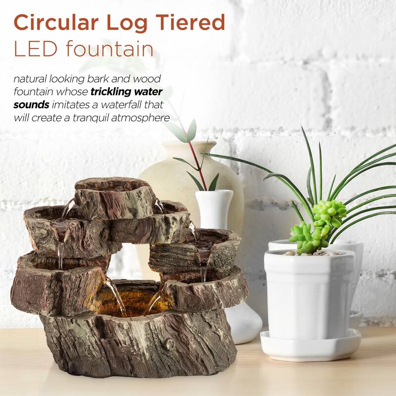 Alpine Corporation 10" Tall Indoor Tabletop Circular Tiered Tree Trunk Waterfall Fountain with LED Lights