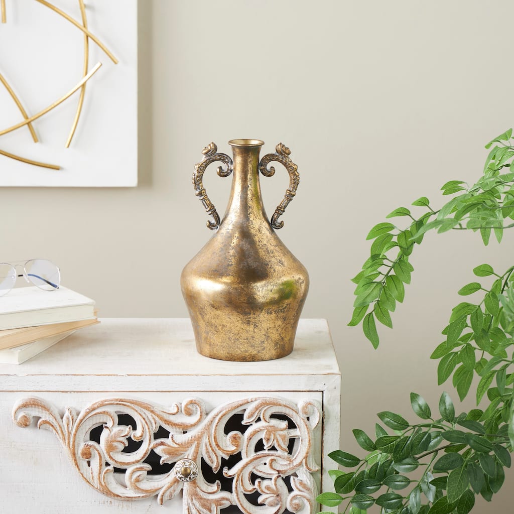 Gold Metal Weathered Vintage Amphora Decorative Vase with Ornate Scroll Handles
