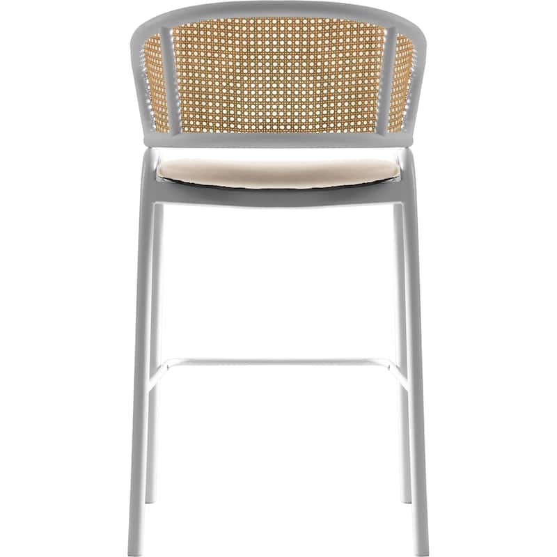 LeisureMod Ervilla Set of 2 Modern Wicker Leather Bar Stool with Curved Back & White Steel Frame for Home Office Dining Room