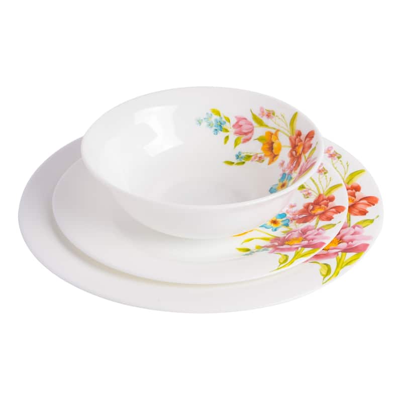 Gibson Home Ultra Round Red Floral 18-Piece Dinnerware Set, Opal Glass