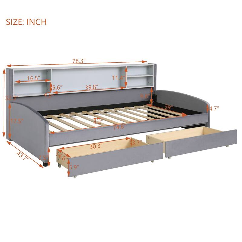 Twin Velvet Upholstered Bed Frame with Storage Drawers and Built-In Shelf, Platform Design with Plush Headboard