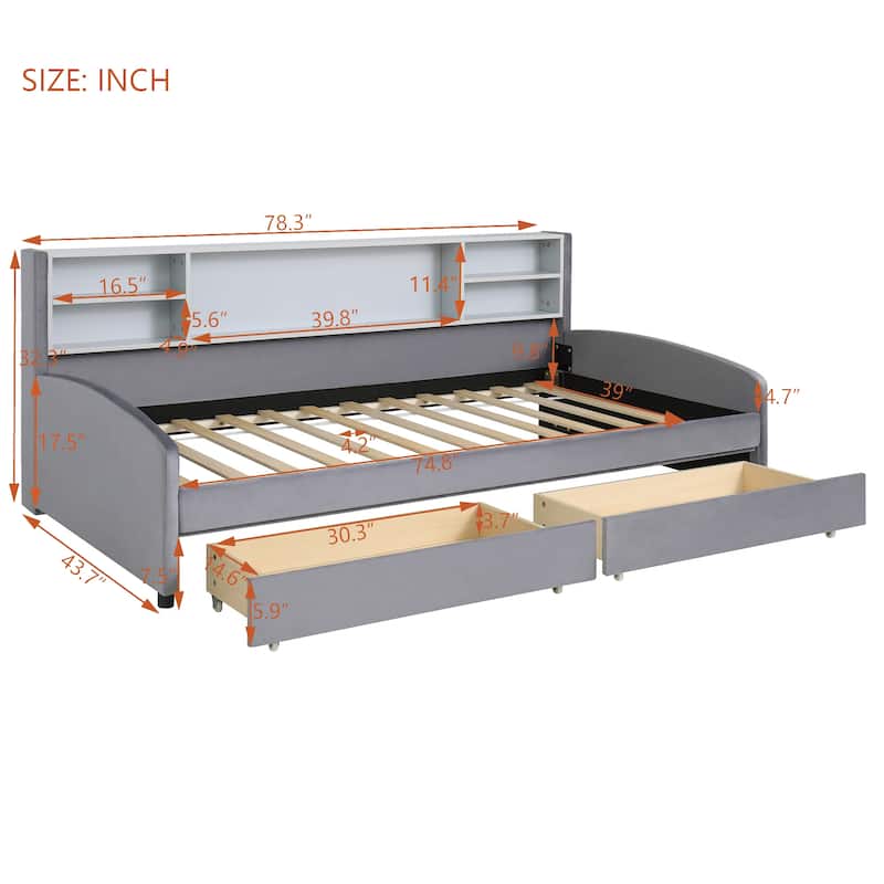 Wood Daybed Frame Velvet Upholstered Platform Bed, Low Profile Panel Bed with Bookcase & Drawers