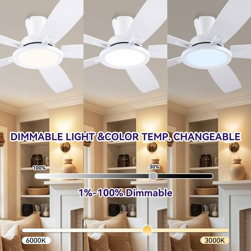 52/54 Inch Flush Mount Low Profile Ceiling Fan with Light,Remote and App Control