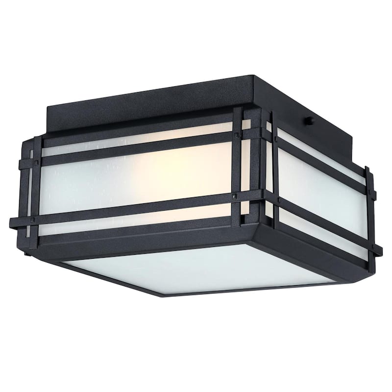 Westinghouse Lighting Devyn 12 Inch, Two Light Outdoor Flush Mount Ceiling Fixture, Textured Black Finish, Frosted Seeded Glass