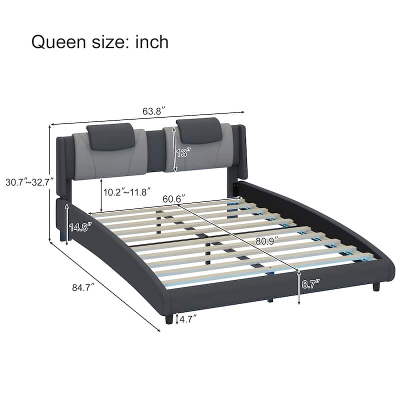 Modern Queen Size PU Upholstered Platform Bed Frame with LED Lights and Adjustable Headboard, No Box Spring Needed