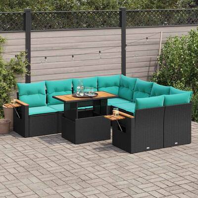 vidaXL 9 Piece Patio Sofa Set with Cushions Black Poly Rattan - 21.7 x 24.4 x 27.2