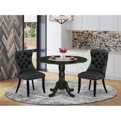 3-Piece Black Finish Solid Wood Top-Round Upholstered Dining Room Set -Seats 4