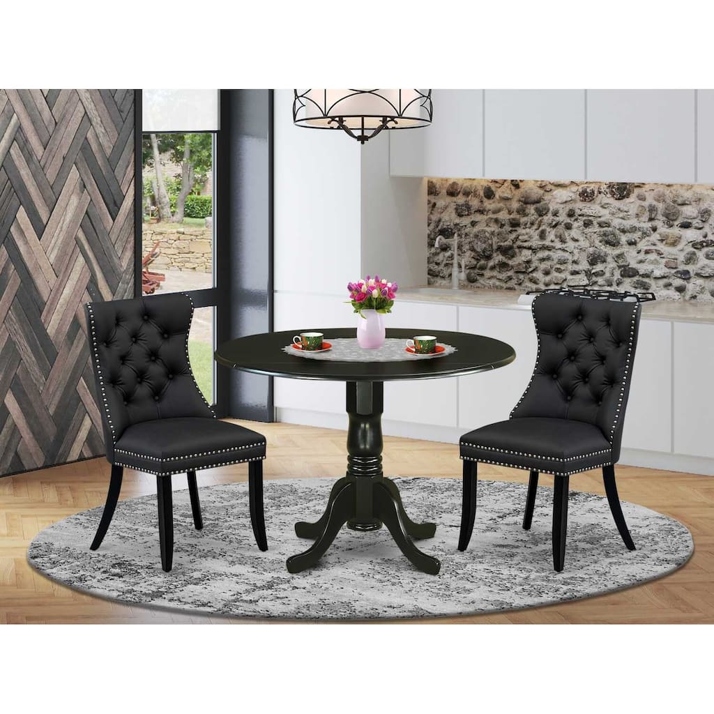 3-Piece Black Finish Solid Wood Top-Round Upholstered Dining Room Set -Seats 4