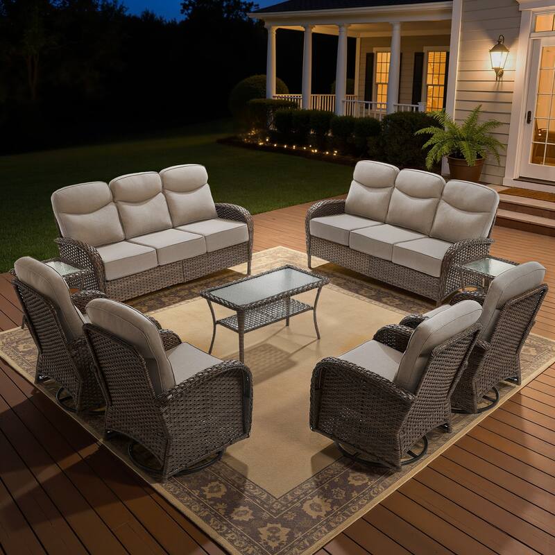 Meyreso 9-Piece Wicker Patio Conversation Set with Swivel Gliders and 6-Inch Thick Olefin Cushions
