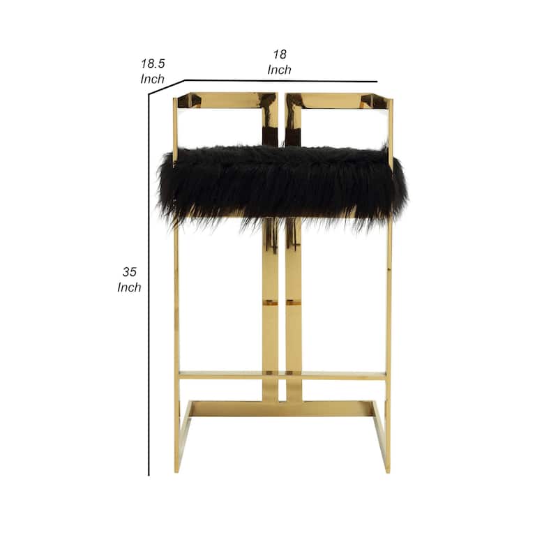 Suki 30 Inch Barstool Chair, Black Faux Fur Seat, Gold Cantilever Base