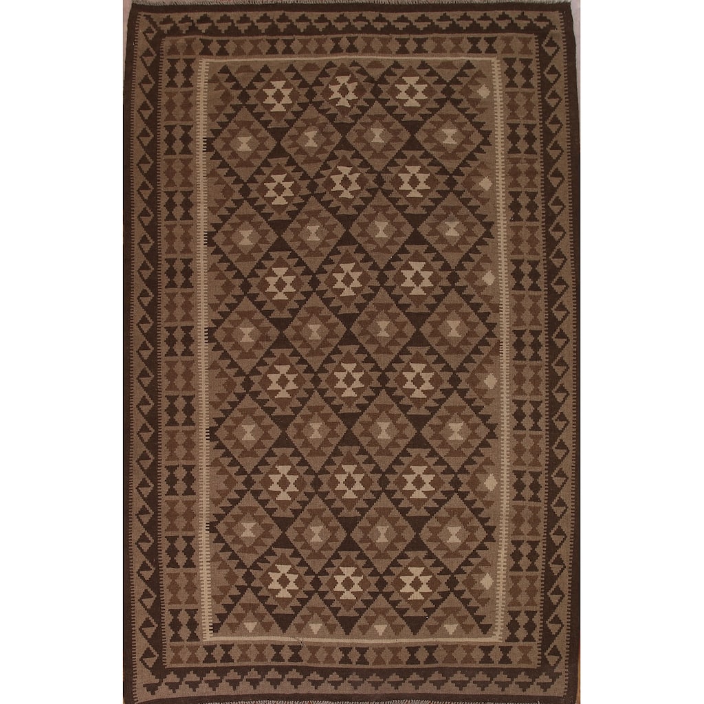 Brown Geometric Kilim Rug Hand-woven Oriental Wool Carpet - 7'0" x 10'3"