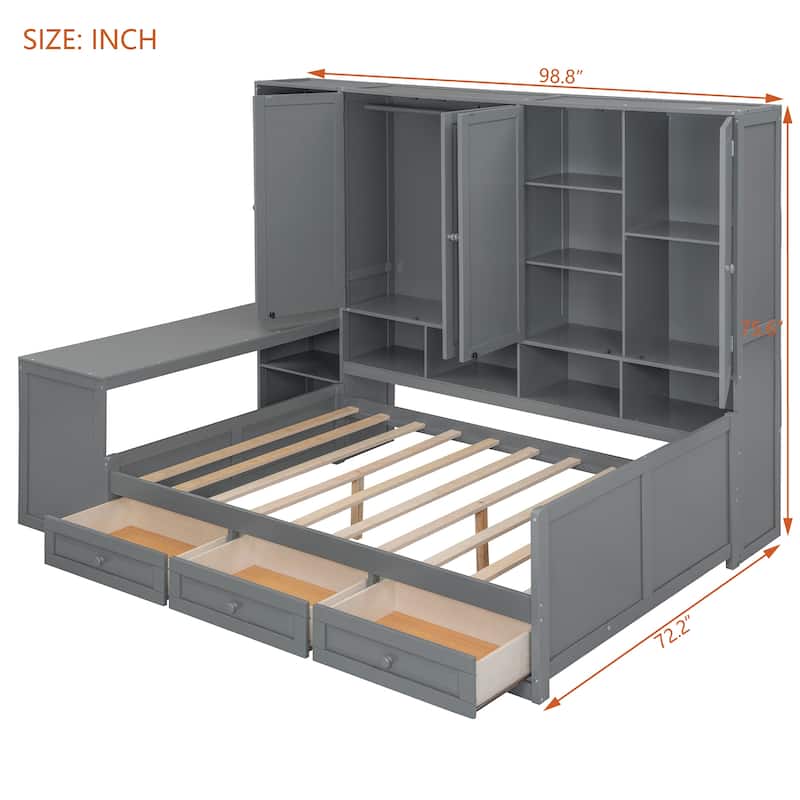 Full Size Daybed with Built-In Desk and Storage,4 Shelves, 2 Cabinets and 3 Drawers