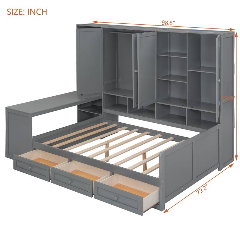 Versatile Full Size Daybed With Desk & Shelves, Space-Saving Wooden Storage Platform Frame with 3 Drawers and All-in-One Cabinet