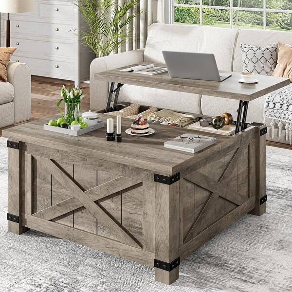 Lift Top Coffee Table with Storage, 36" Square Hidden Space, Farmhouse ...