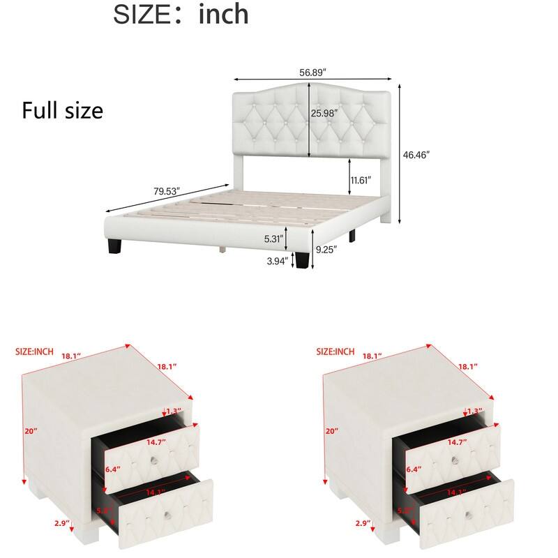 3-Pieces Bedroom Sets,Upholstered Platform Bed with Saddle Curved Headboard and Diamond Tufted Details,and 2 Nightstand