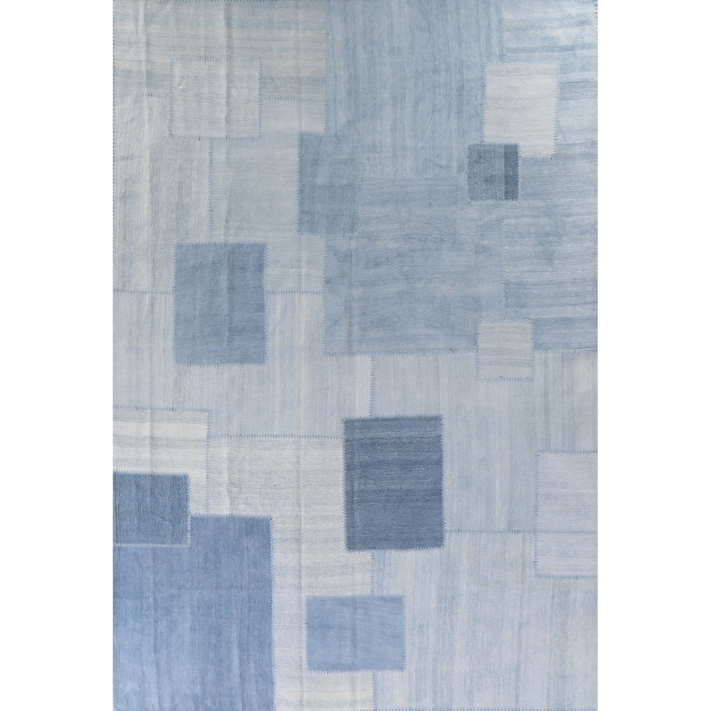 Geometric Blue Kilim Turkish Area Rug Hand-Woven Silk Carpet - 9'10"x 13'1"