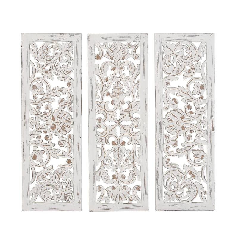 Wooden Floral Handmade Intricately Carved Wall Decor - Set of 3 White - Roche River Decor