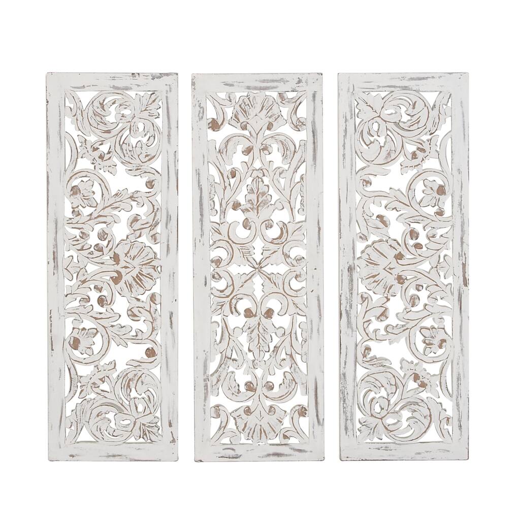 Wooden Floral Handmade Intricately Carved Wall Decor - Set of 3 White - Roche River Decor