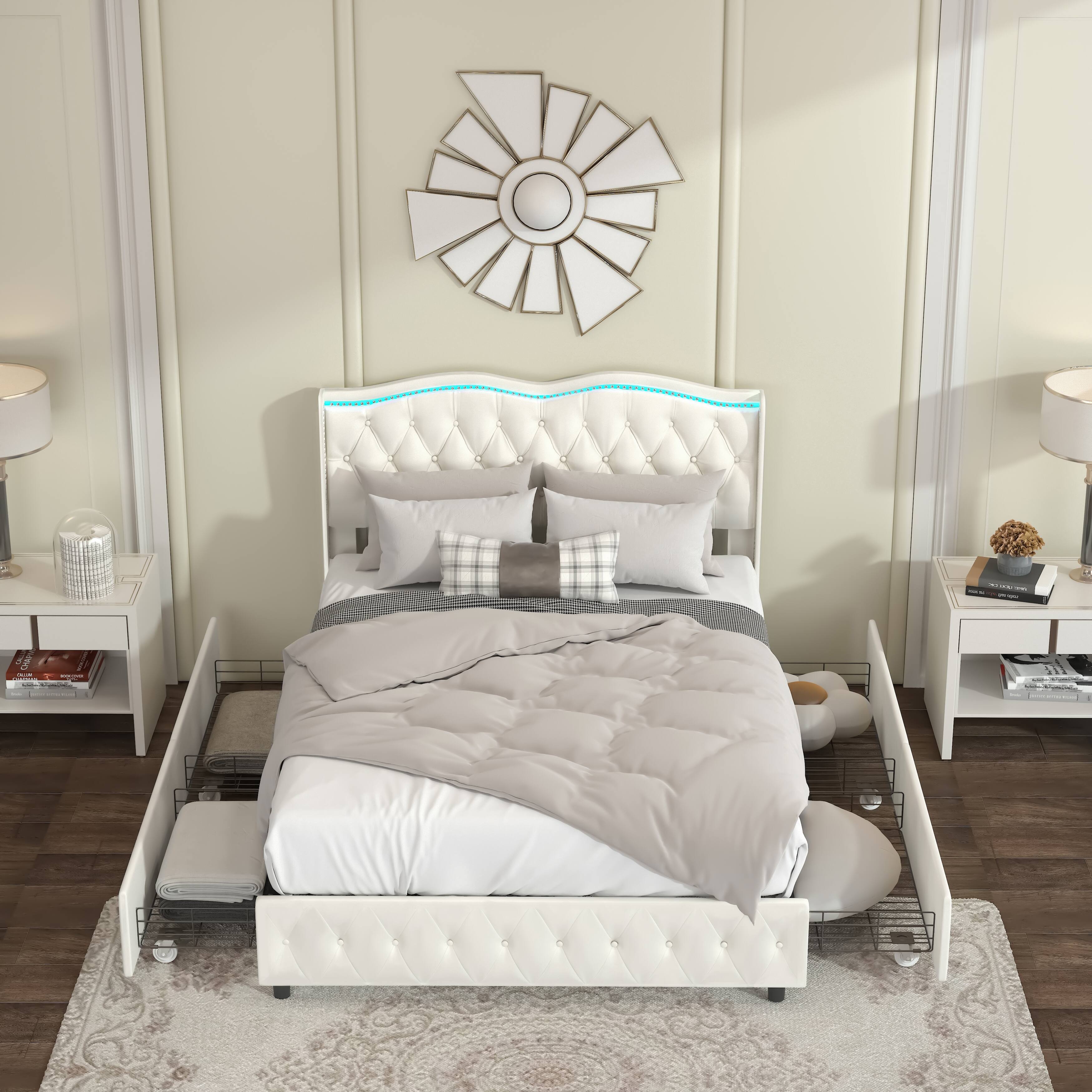 Uphostered Bed with Tufted Buttons Nailhead Trim LED Headboard, Beige