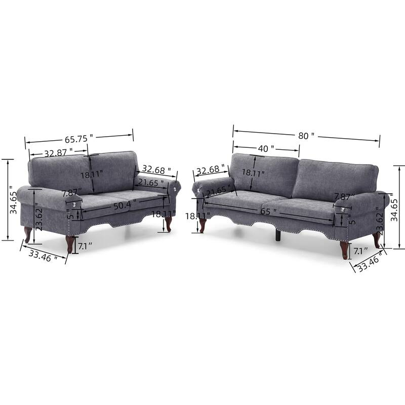 2 Piece Linen Upholstered Sofa Set Lounge Couch with Removable Cushions, Nailhead Trim, Rolled Arms and Crystal Button Accents