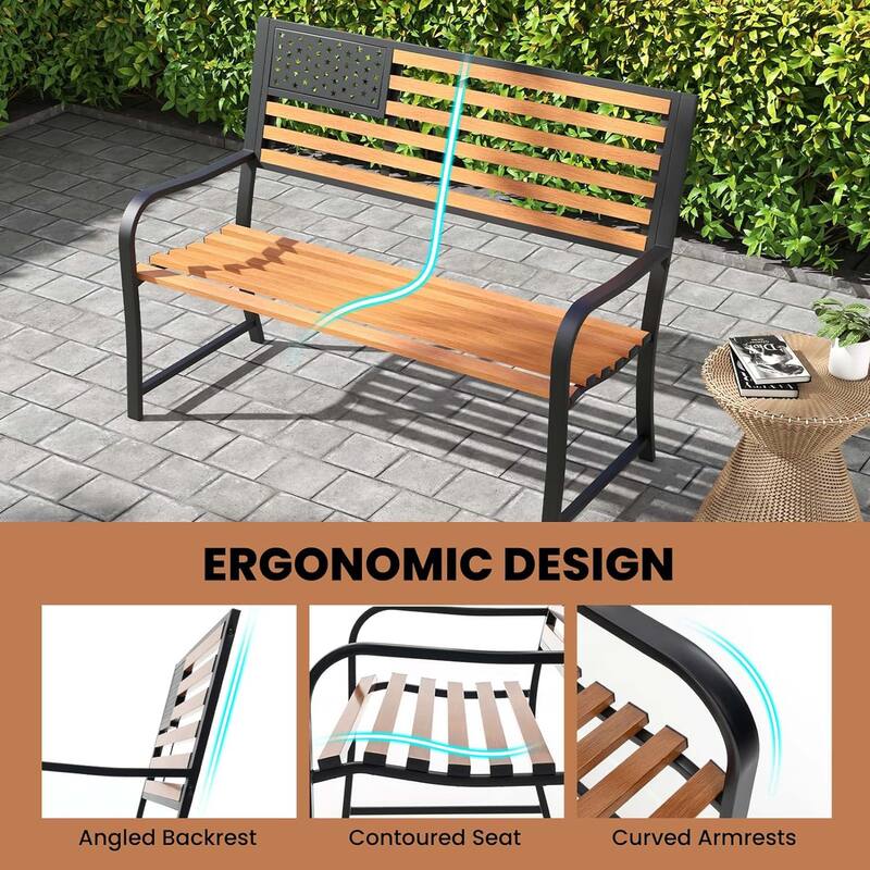 50" Outdoor Garden Bench w/ Flag Backrest & Rustic Wood Grain Finish