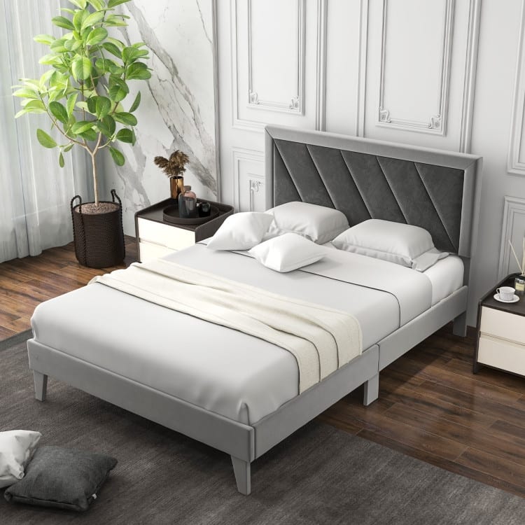 Twin/Full/Queen Platform Bed with High Headboard and Wooden Slats
