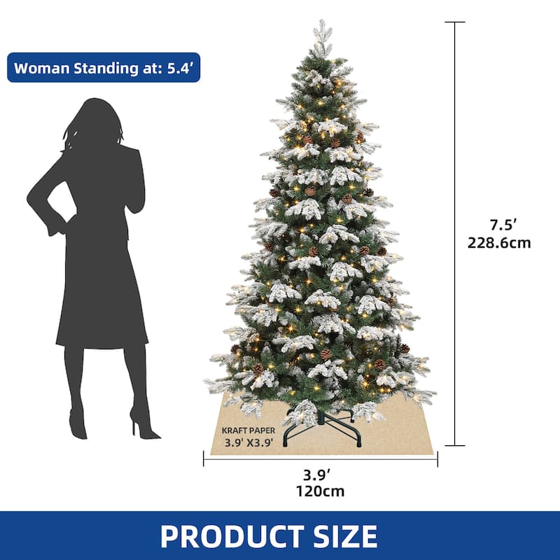 Moasis 7.5ft Prelit Flocked Tiered Christmas Tree with Remote, 1200 Tips, 36 Pine Cones, 11 Light Modes