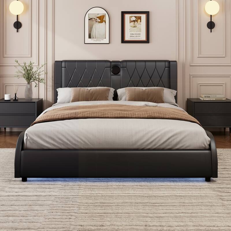 Faux Leather Upholstered Platform Bed with Thickened Headboard