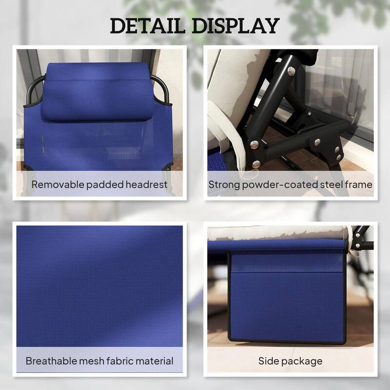 Folding Chaise Lounge Chair,4-Pos Recliner,Cushion,Pocket,Headrest