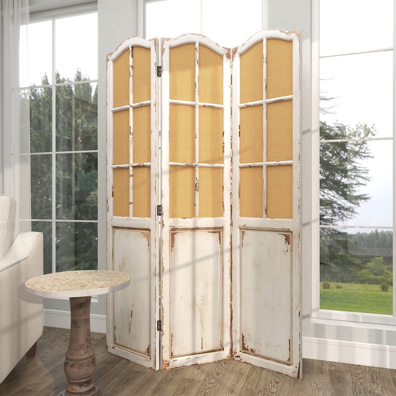 Beige Wood Hinged Foldable Partition 3 Panel Partition Room Divider Screen with Burlap Window Pane Design