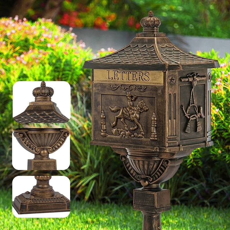 Retro Mid-century Aluminum Cast Mailbox with Post and Keys, Locking Residential Rust-Proof Security Postal Mailboxes