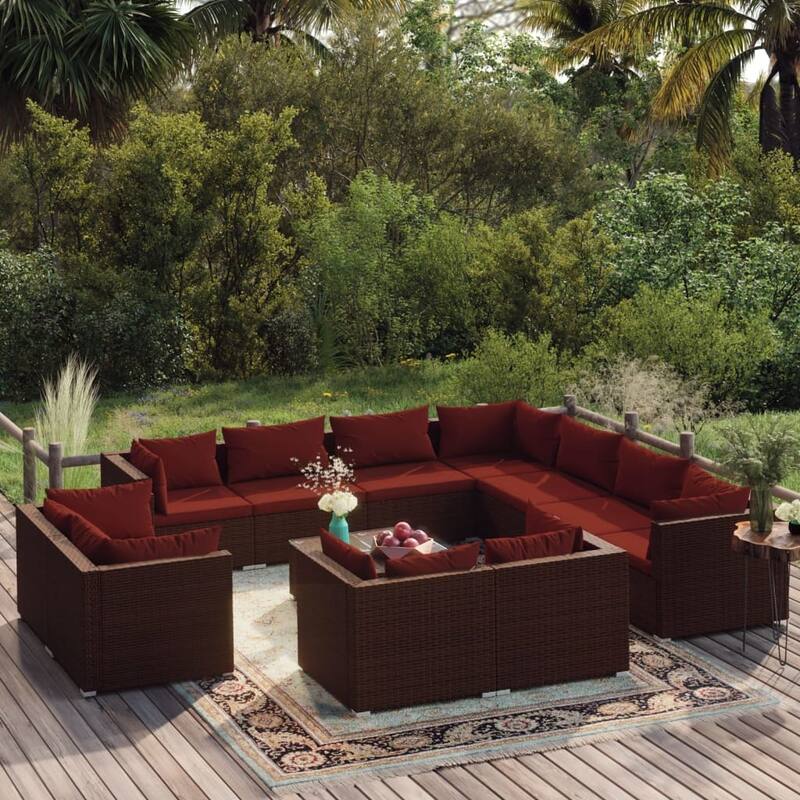 vidaXL Patio Lounge Set with Cushions Brown Poly Rattan - 27.6" x 27.6" x 24" - 27.6" x 27.6" x 24" - Brown 18 x Back pillow