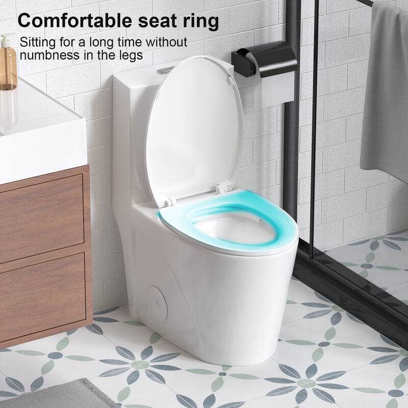 1.1/1.6 GPF Tornado Flush One-Piece Toilet for bathrooms,Siphonic S-trap 12",Elongated Bowl with Soft Close Seat - Gloss White