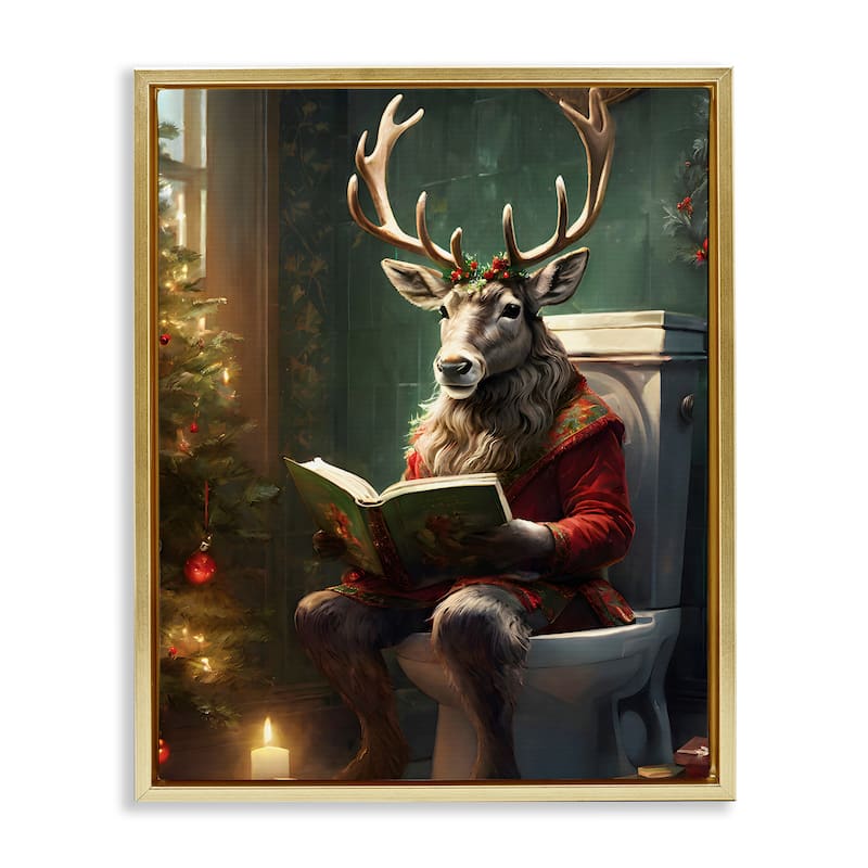 Stupell Reindeer in Festive Bathroom Framed Floater Canvas Wall Art Design By Jo Moulton - 17 x 21 - Gold