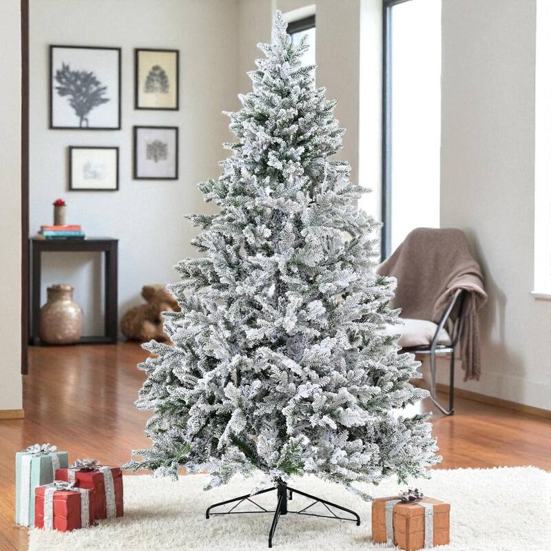 7ft Snow Flocked Artificial Christmas Tree with Hinged Branches, PE PVC Tips and Metal Stand