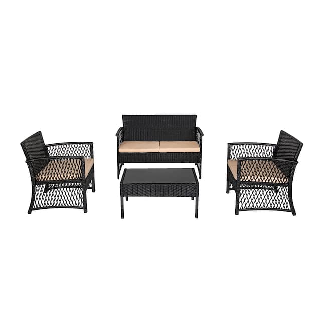 Madison Outdoor 4-Piece Cushioned Rattan Patio Furniture Chat Set - Black/Beige