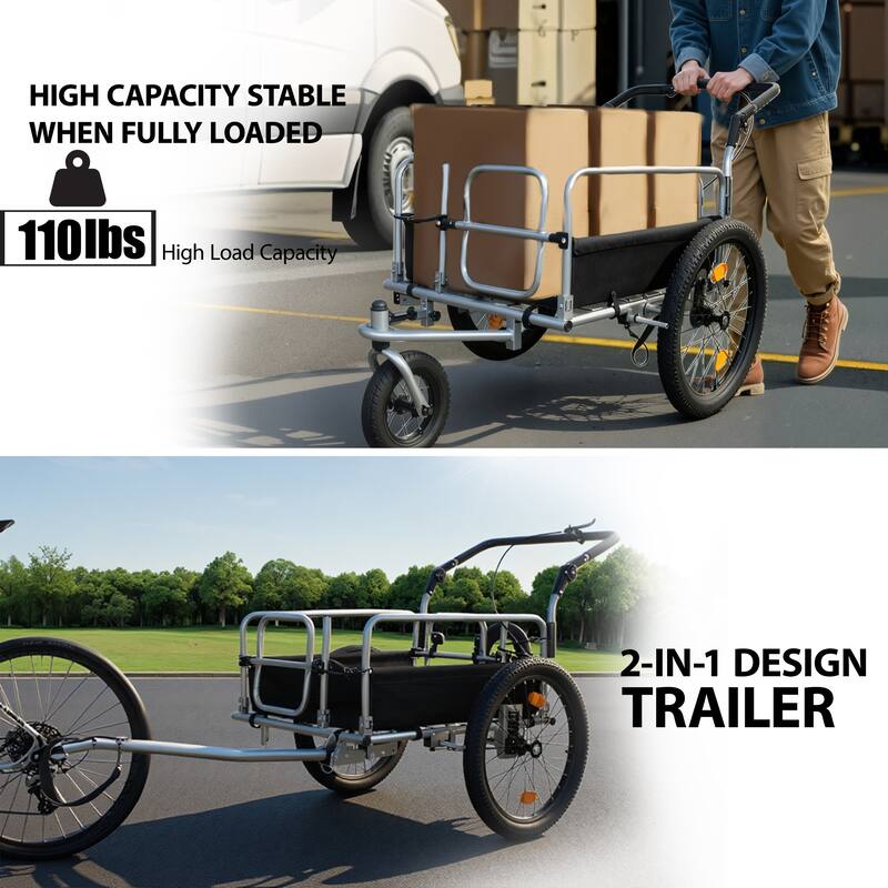 3-in-1 Heavy-Duty Bike Cargo Trailer -Bike Compatible Steel Frame, 110lb Capacity, Convertible Stroller & Pull Cart