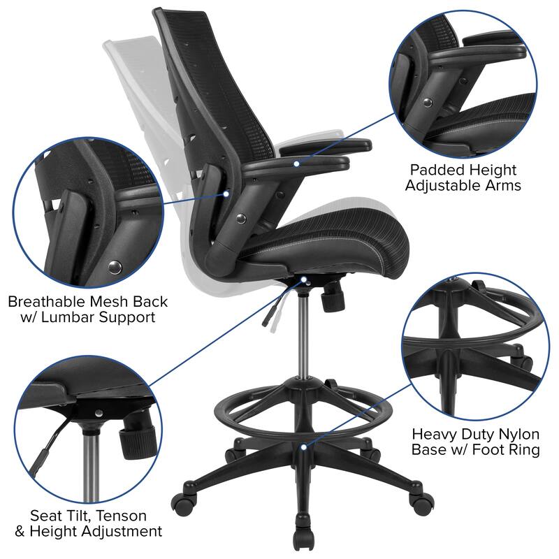 High Back Mesh Spine-Back Ergonomic Drafting Chair with Adjustable Foot Ring and Adjustable Flip-Up Arms