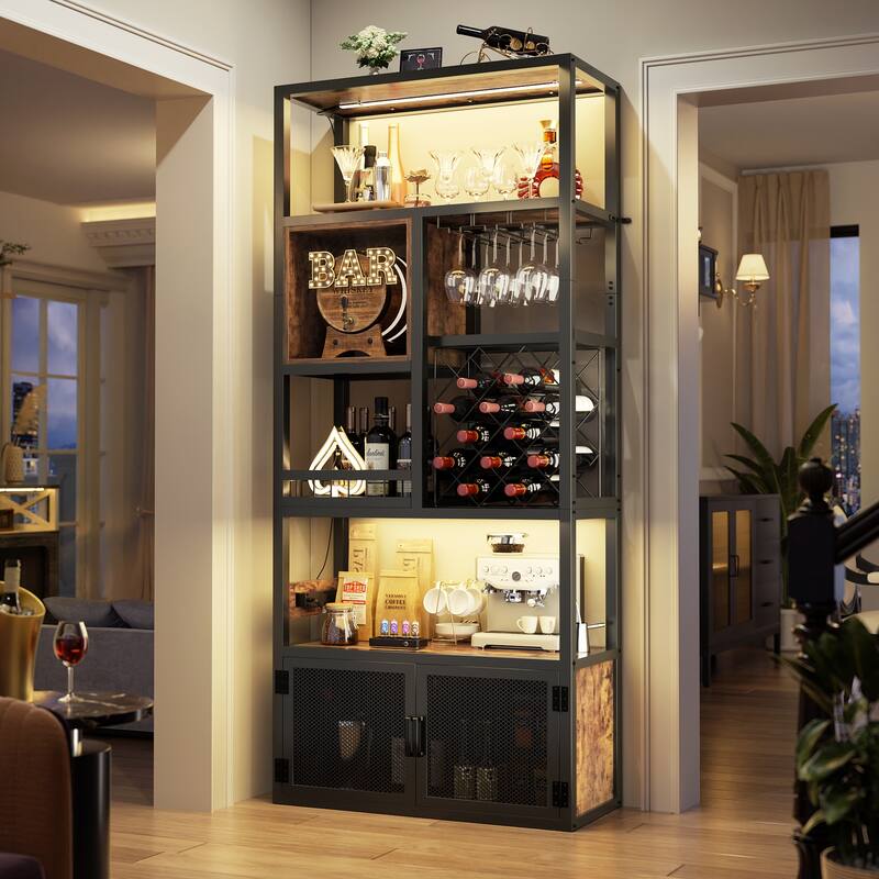 82.6" Tall Wine Cabinet with Glass Holder & Wine Rack，6-Tiers Liquor Storage Cabinet with LED Lights ＆ Charging Station - Rustic Brown