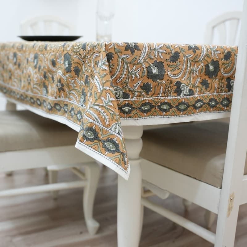 Fabdivine Handmade Block Print Cotton Brown Table Cover or Cloth Dining, Farmhouse & Kitchen Décor