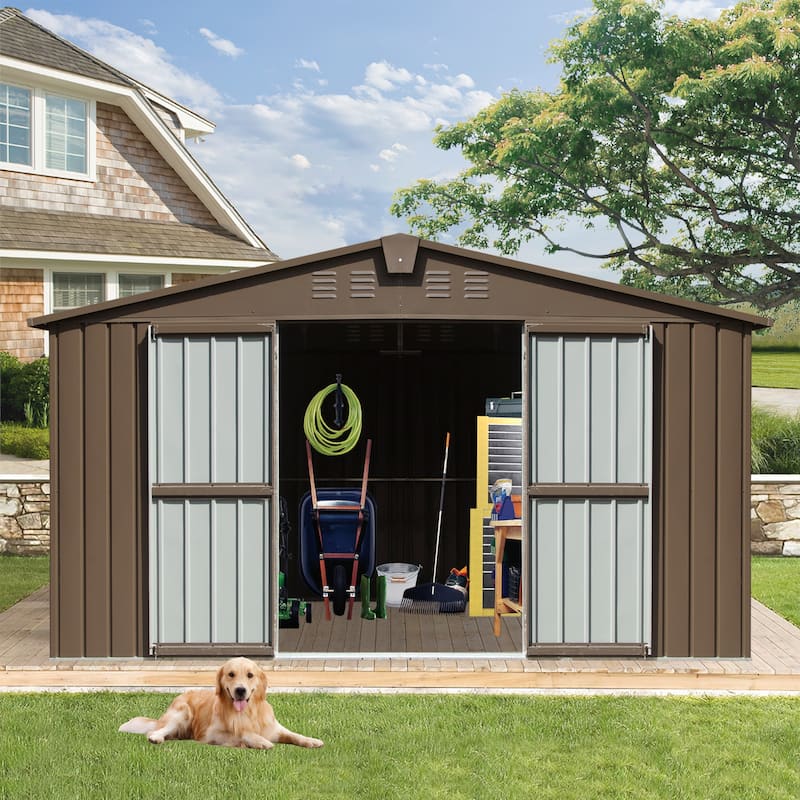 GDFStudio - Summit Galvanized Steel Backyard Storage Shed with Windows and Lockable Door - 11'x 9 ft - Brown