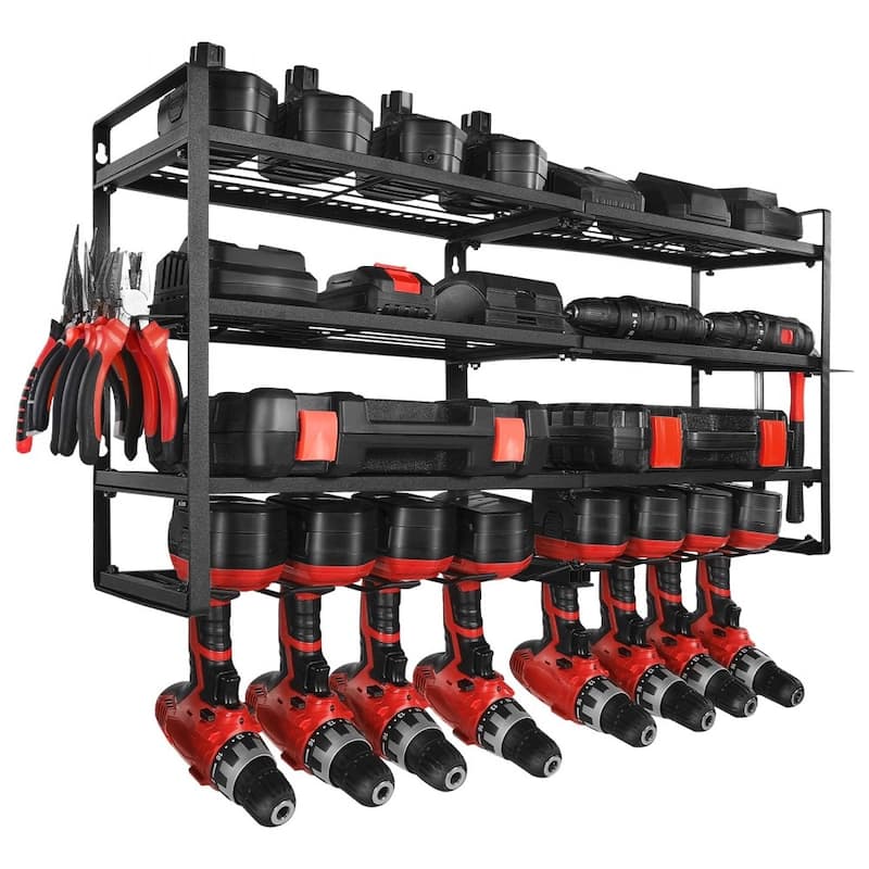 4-Tier Wall-Mounted Tool Organizer Rack with 8 Slots and Hooks for Garage Workshop Storage - 36.56 x 7.87 x 16.54 in