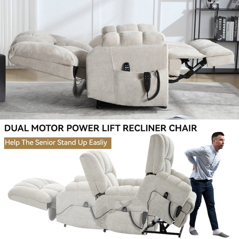 Beige Chenille Power Lift Recliner Chair with Dual Motor Massage Lumbar Heat