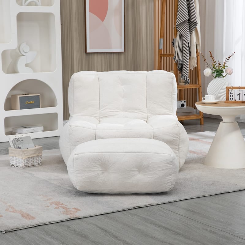 White Modern 38.5" Velvet Upholstered Accent Chair with Memory Foam and Ottoman for Living Room