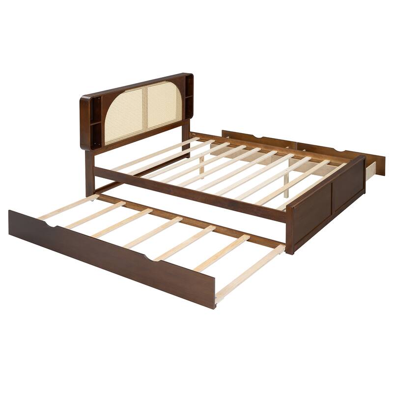 Queen Bed with Rattan Headboard, 2 Drawers & Pull-Out Trundle, Elegant Design